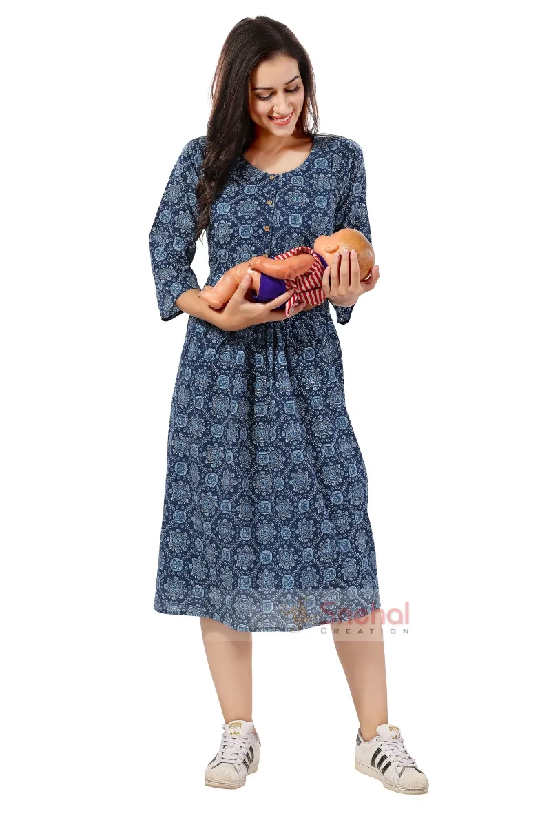 Feeding Maternity Kurti Anarkali Style Navy Blue Soft and Comfortable Cotton Print Anarkali Style Feeding kurti